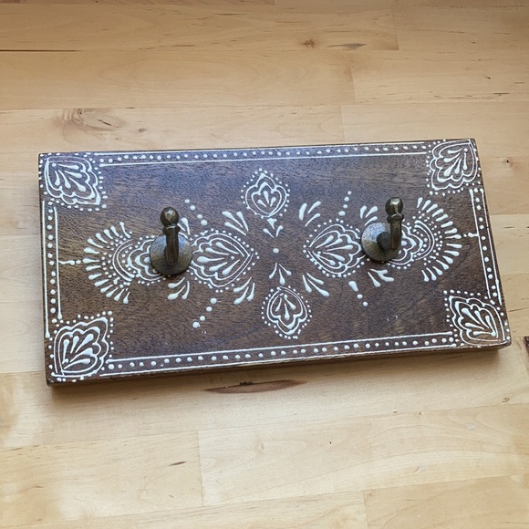 Urban Outfitters dark wood hand painted boho wall shelf w/ 2 hooks made in India - Picture 2 of 9